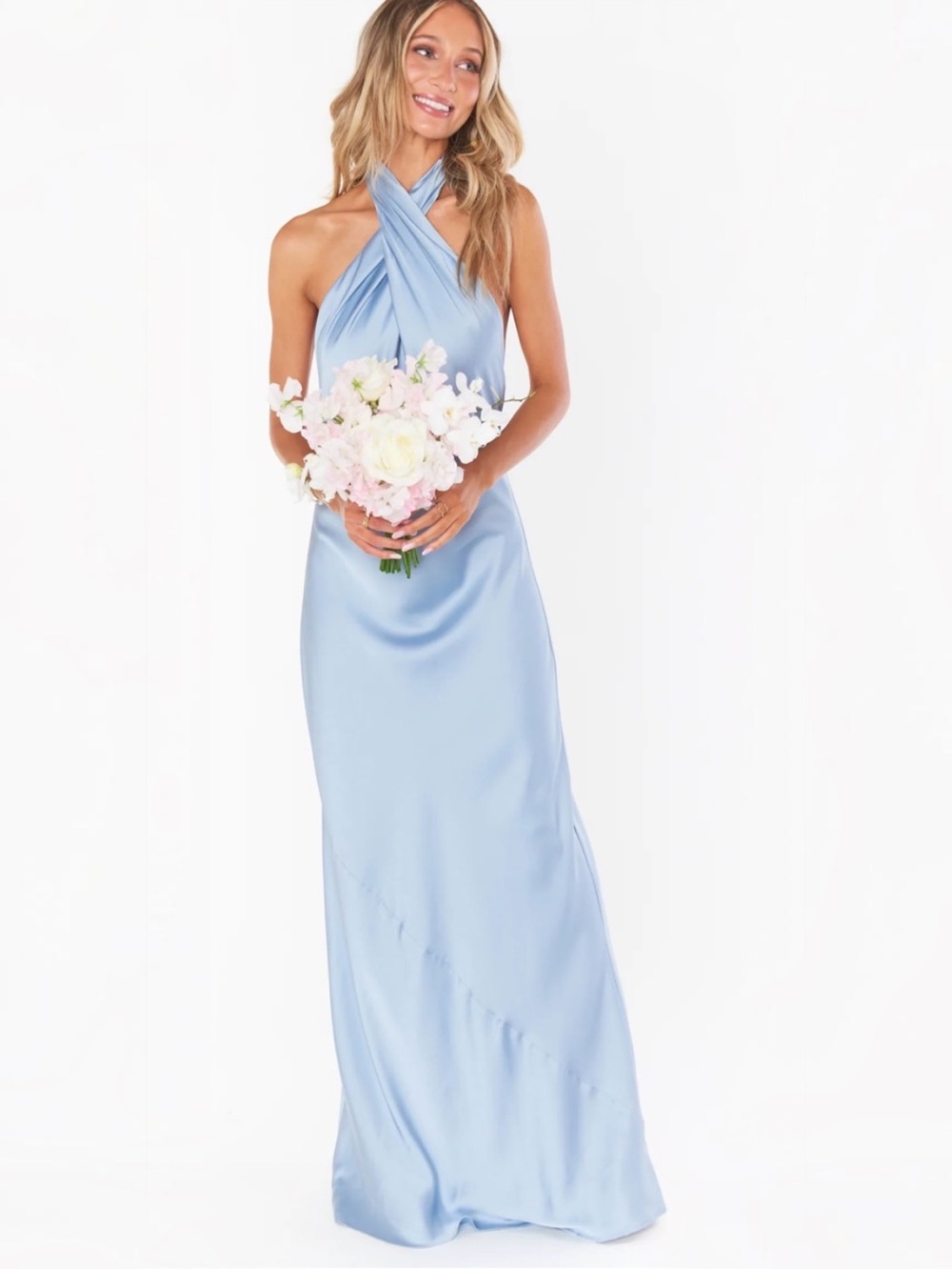 Show Me Your Mumu Jasmine Halter Maxi Dress Women XS Steel Blue Luxe Satin Lined